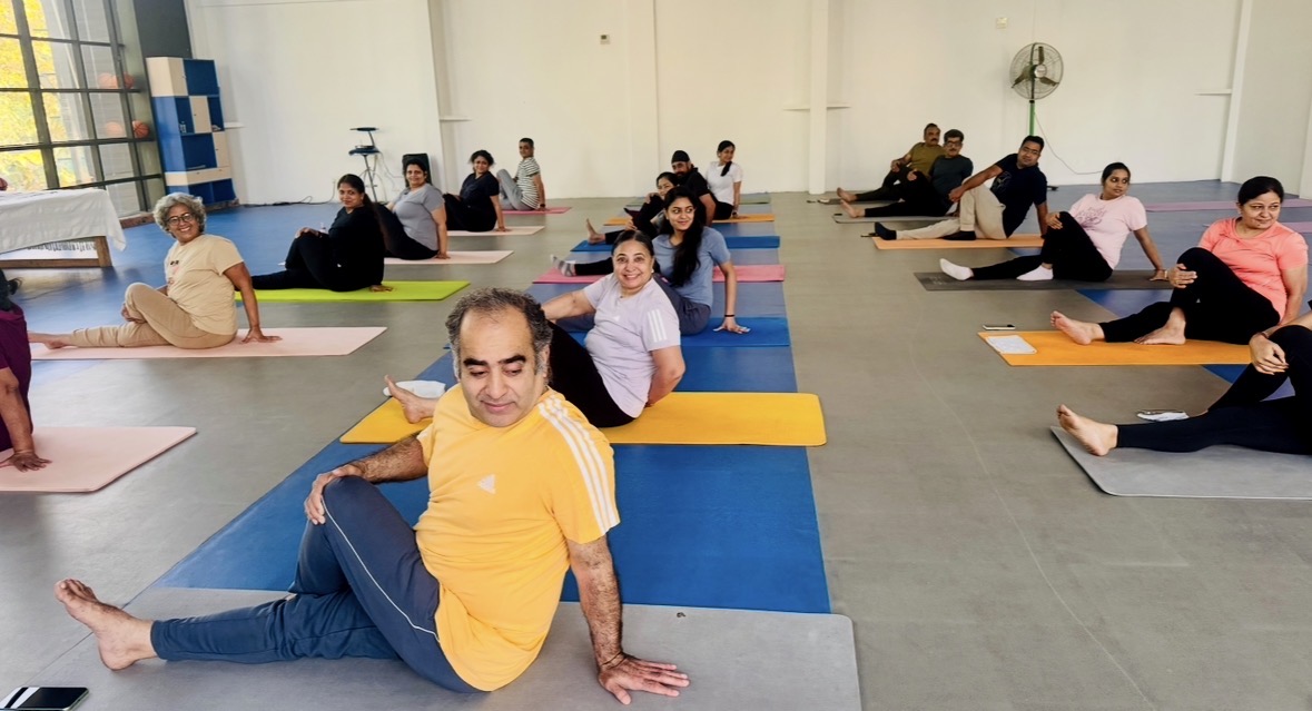 Adults participating in a guided group yoga session